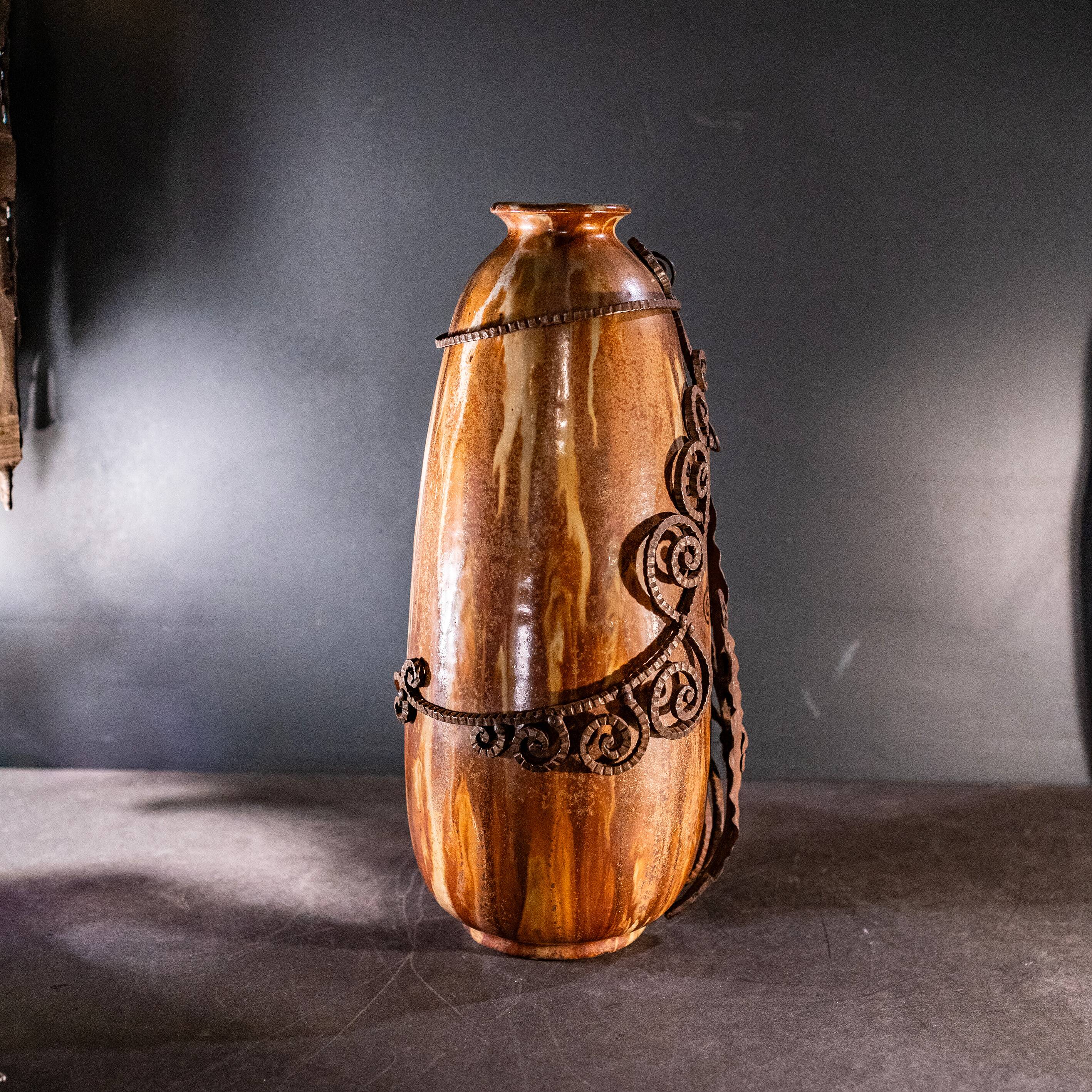 stoneware shell vase, wrought iron frame, roger guerin & francois carion, bouffioulx ca 1920