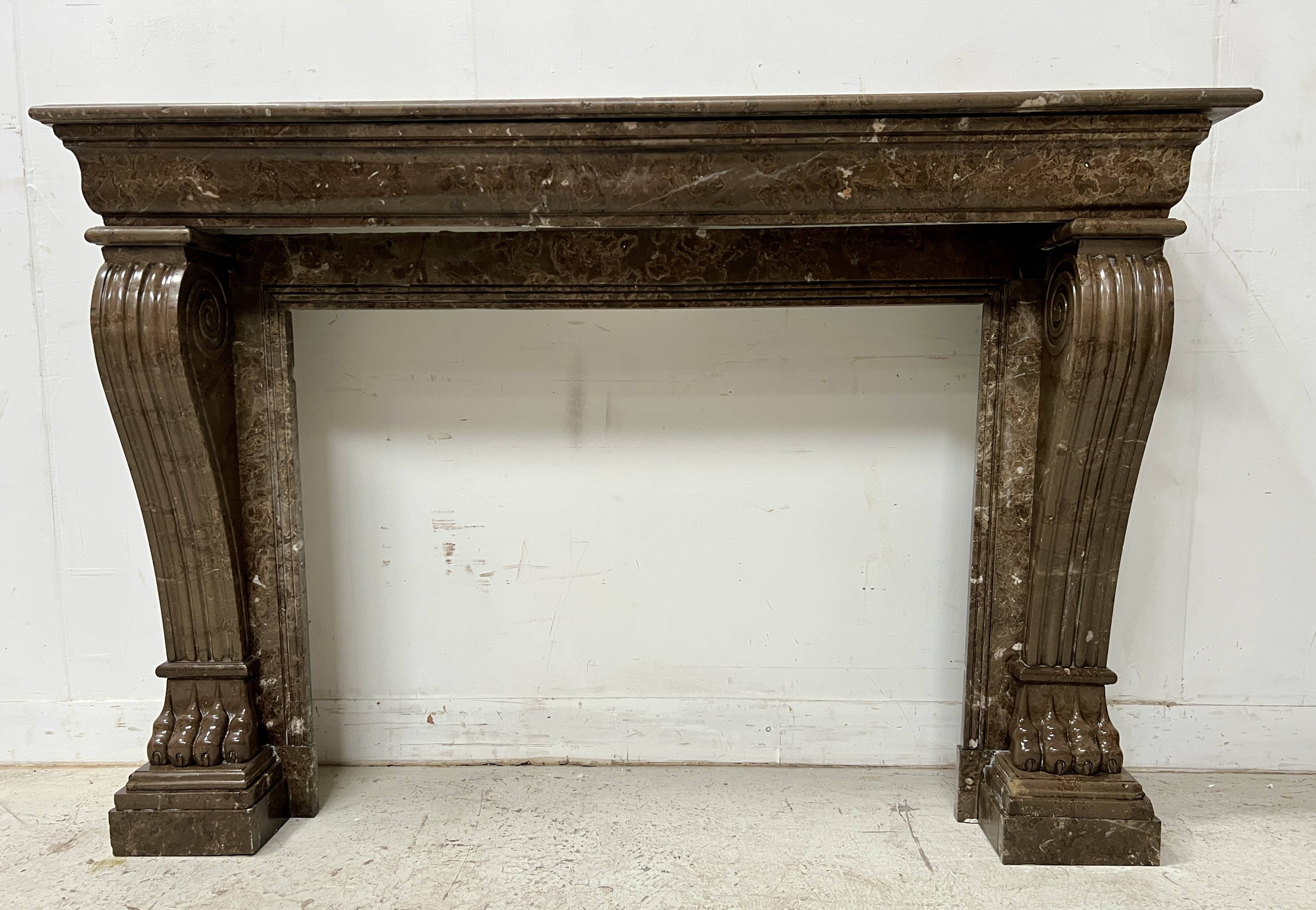 Napoleon III fireplace with claw feet in speckled marble, 19th century.