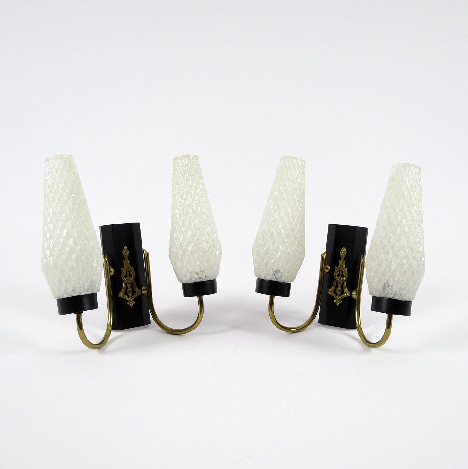 Set of 2 brass and glass wall lamps, 1950s