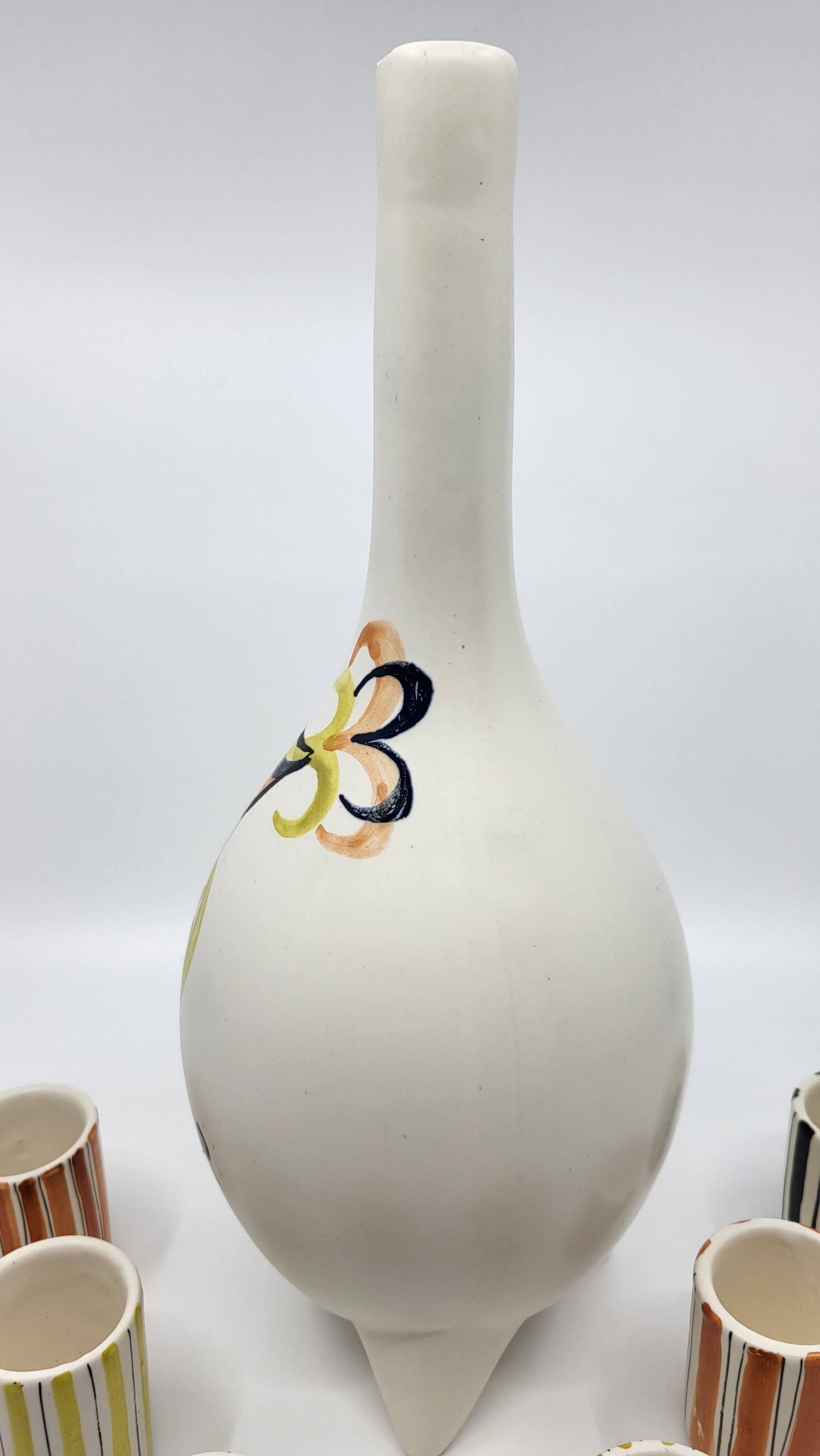 Roger Capron liqueur service bottle and 6 cups in French ceramic Vallauris