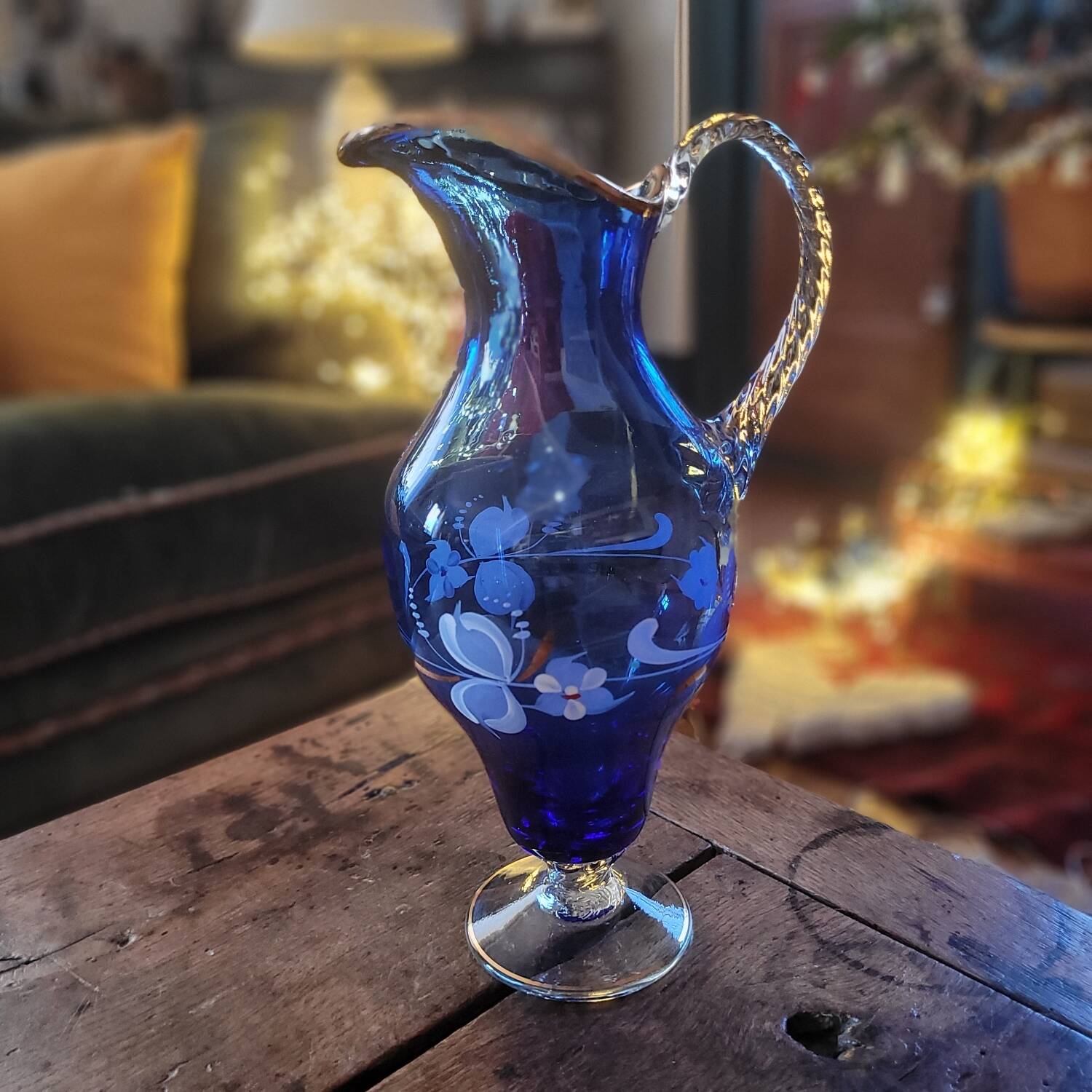 Ewer/pitcher, cobalt blue glass, enameled with flowers, 1950s-60s