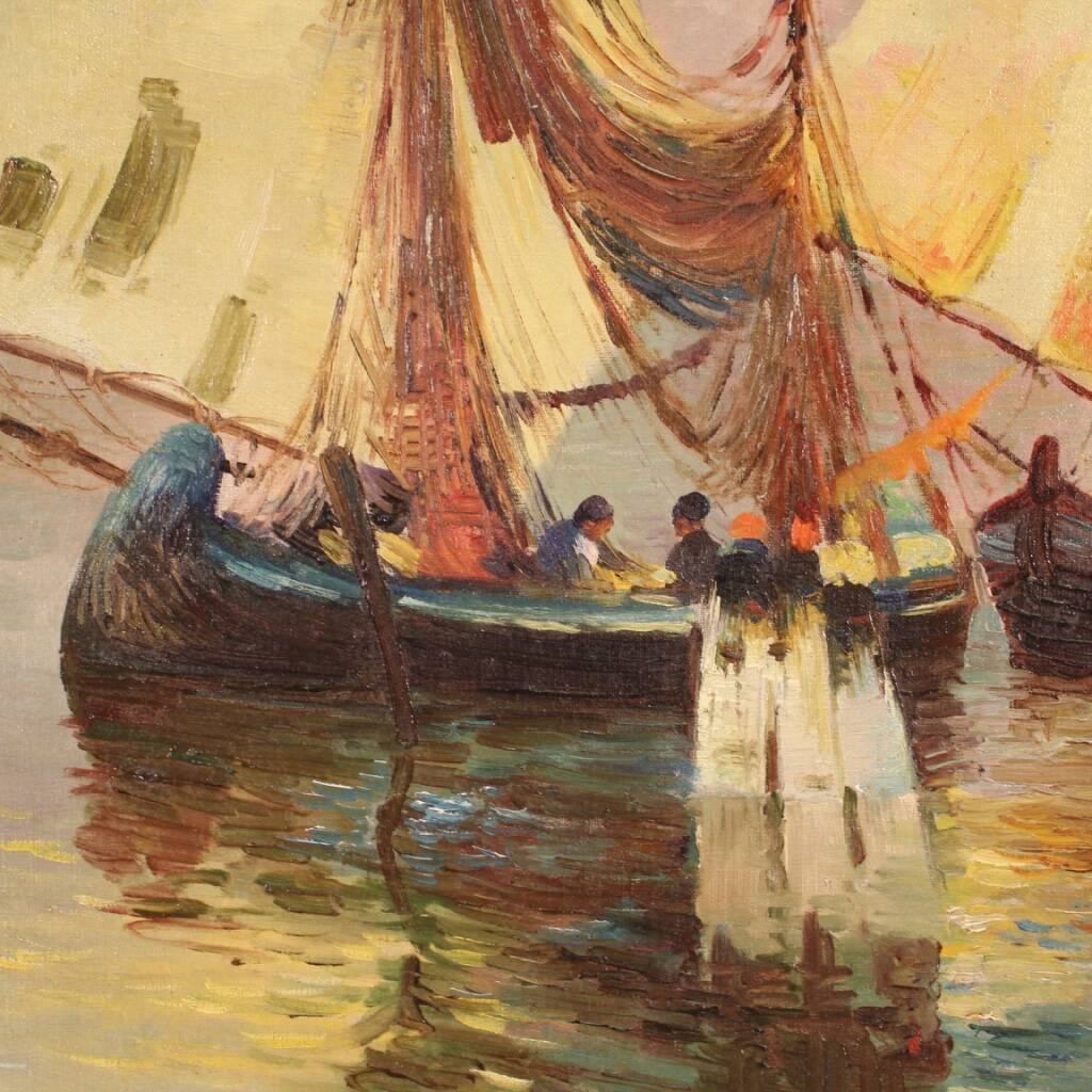 Signed painting and dated seascape with boats from the 20th century