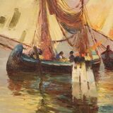 Signed painting and dated seascape with boats from the 20th century