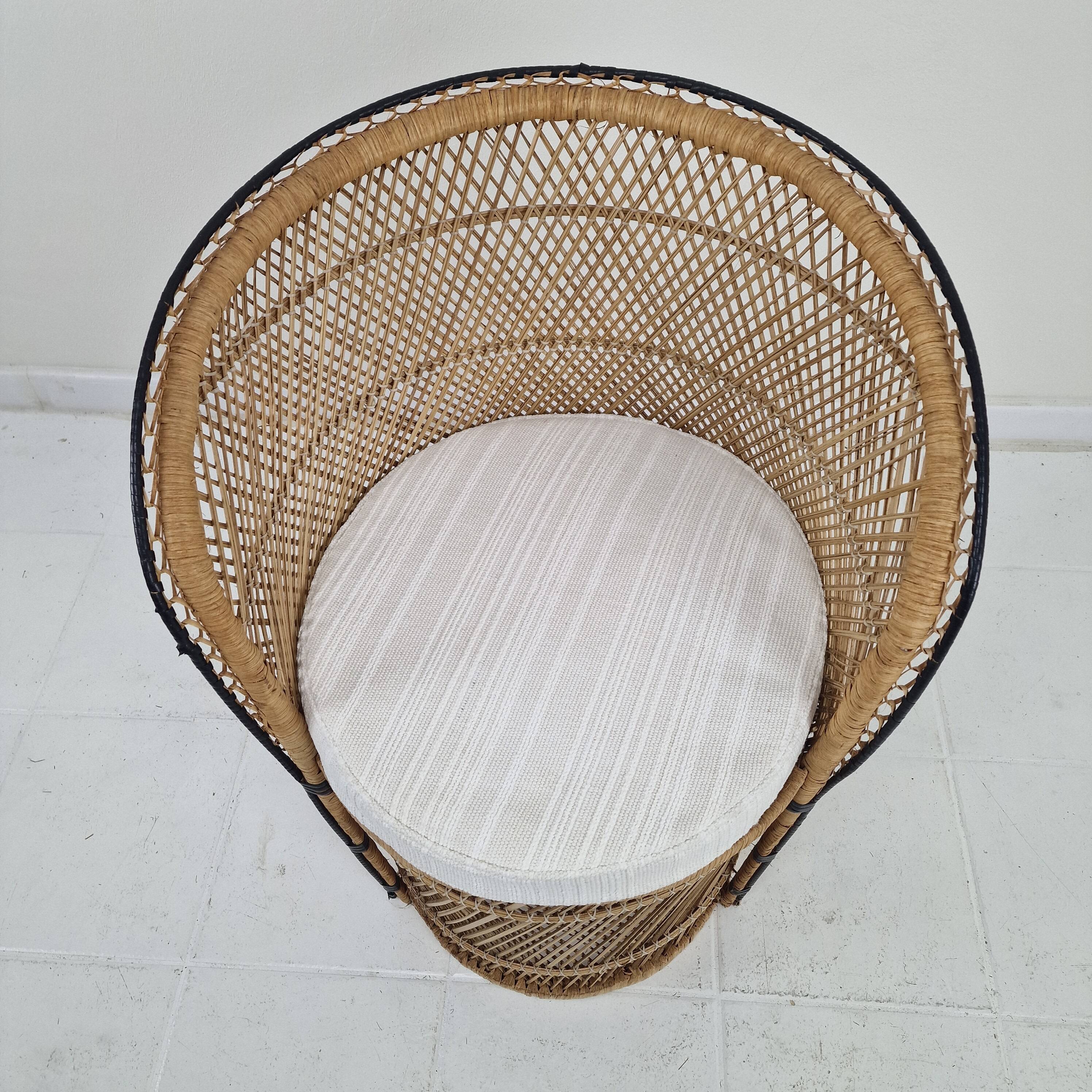Boho Chic Rattan Barrel Chair with Custom Outdoor Cushion 1970's