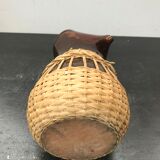 Carafe juice service with 4 orange blown glass glasses + vintage wicker
