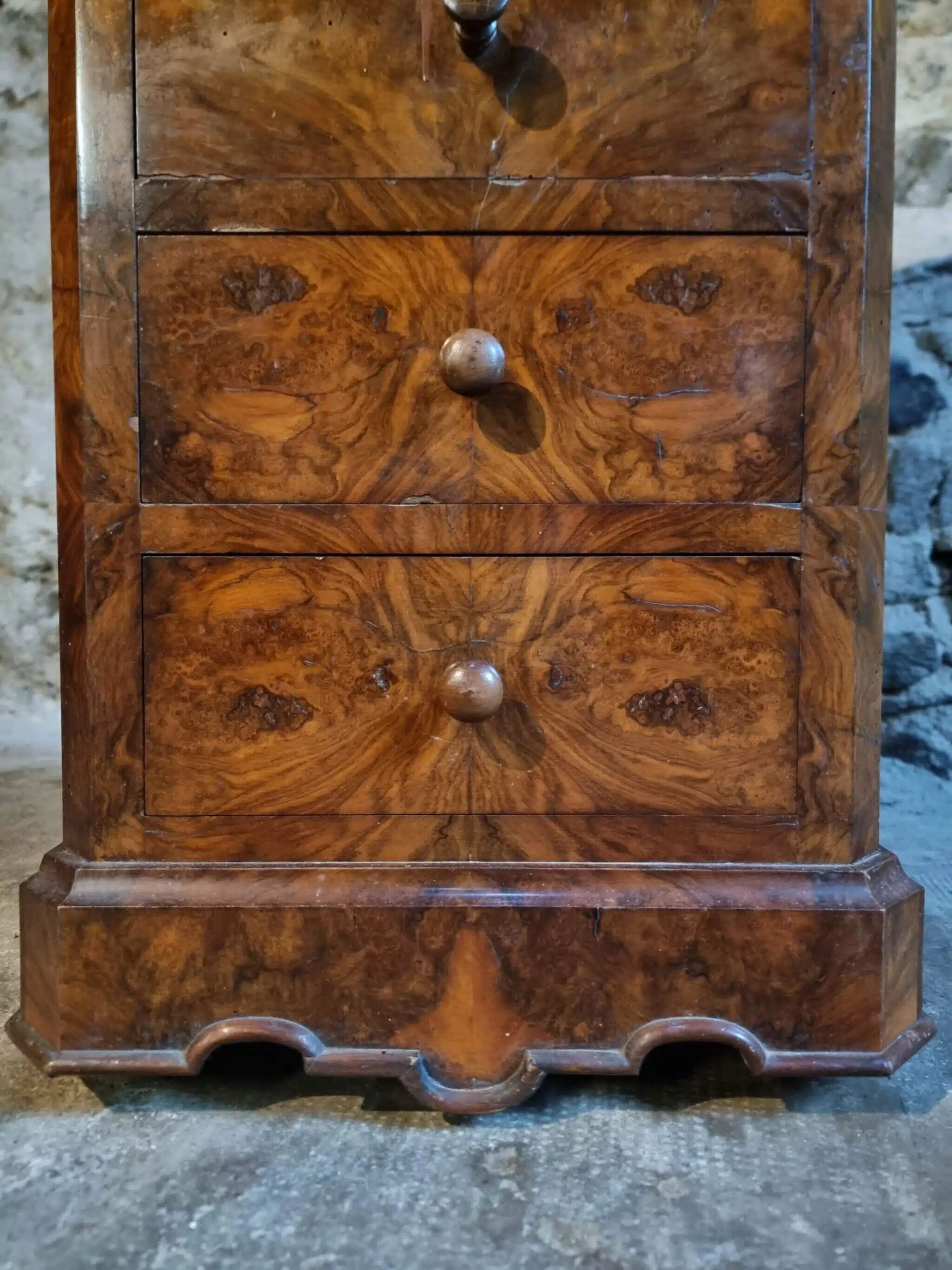 French antique bedside table in oak with walnut burl veneer, circa 1900.
