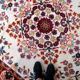 Vintage French Savonnerie wool rug, ivory field & rosace medallion, crimson border, c. 1950s — 202 × 290 cm — 1C1281