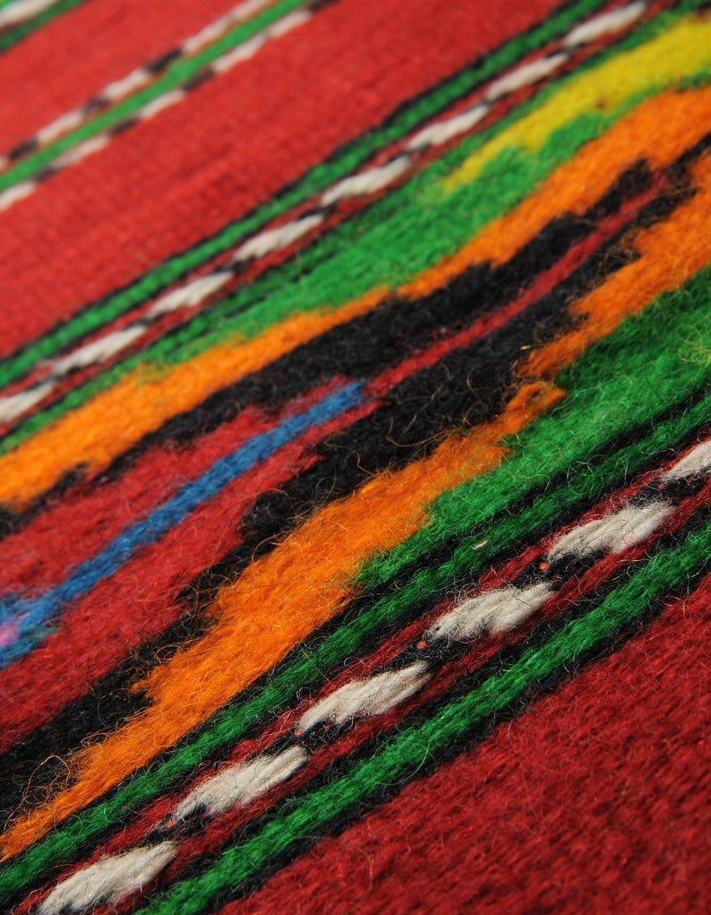 Red wool runner with colorful stripes, handwoven, Romania 225x80cm