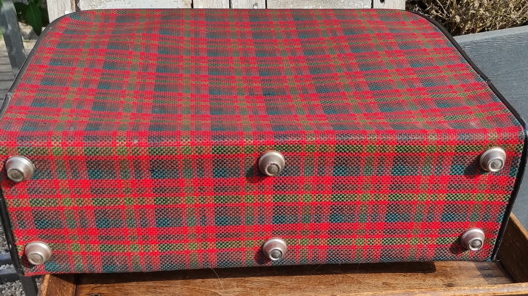 Vintage suitcase in red and skai Scottish fabric