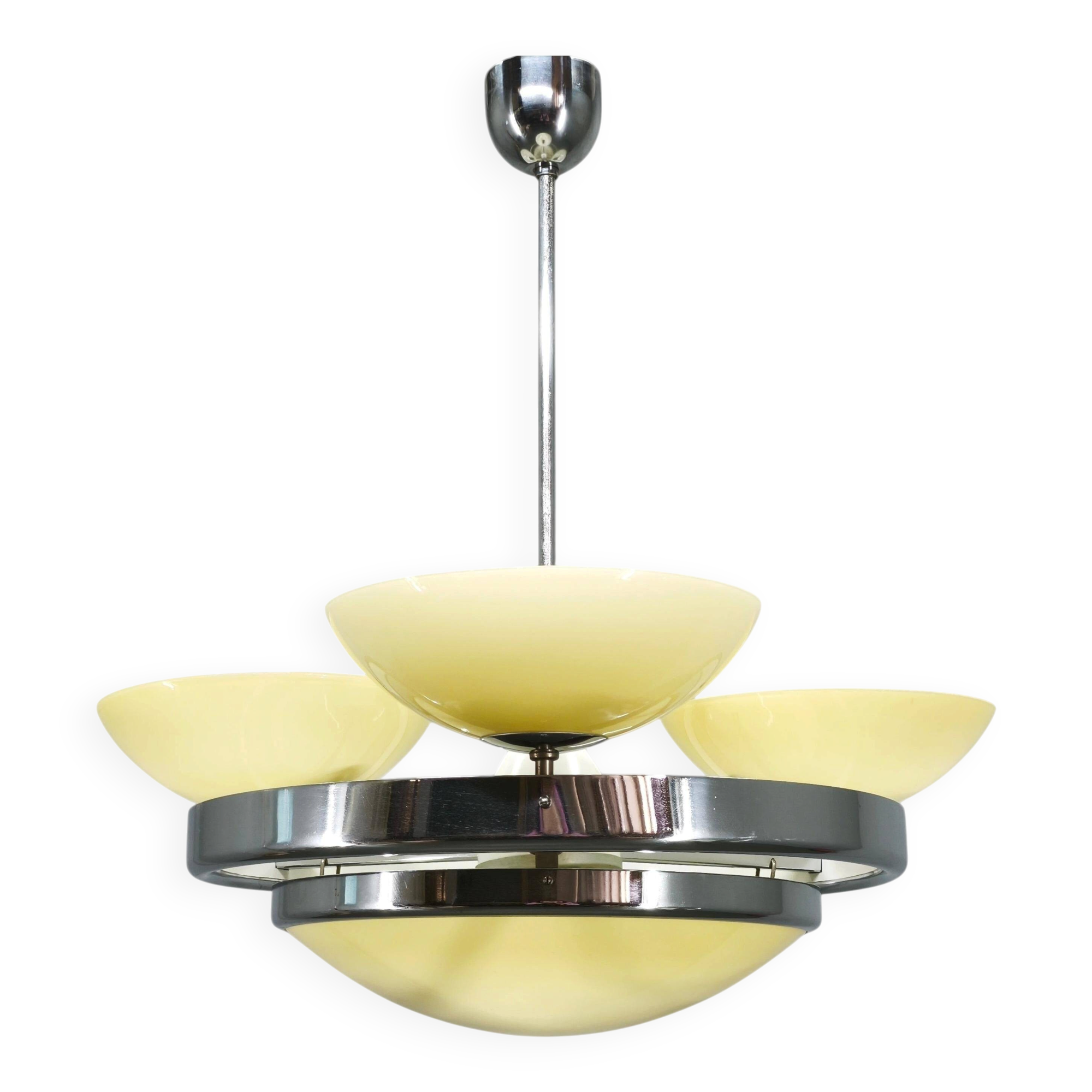 Czech Art Deco Opaline Glass Chandelier, 1940s