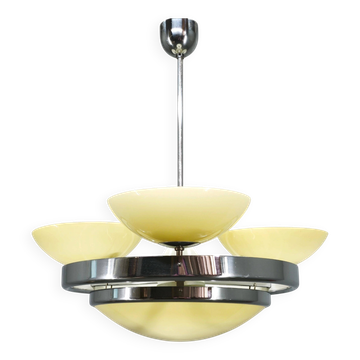 Czech Art Deco Opaline Glass Chandelier, 1940s