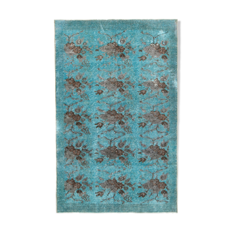 Handmade hi-low pile oriental 1980s 166 cm x 264 cm turquoise rug