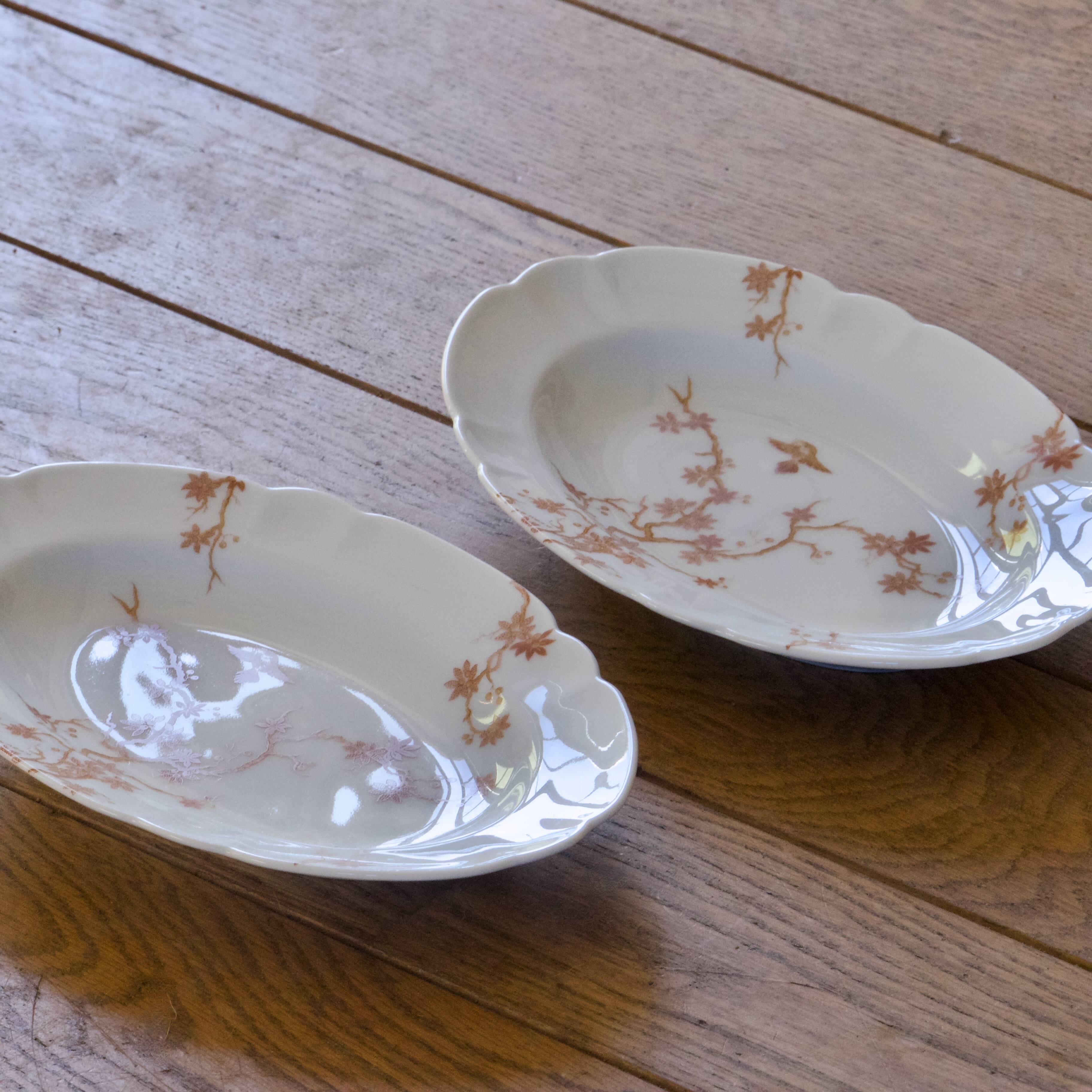Pair of antique Limoges Haviland porcelain relish dishes with bird decoration
