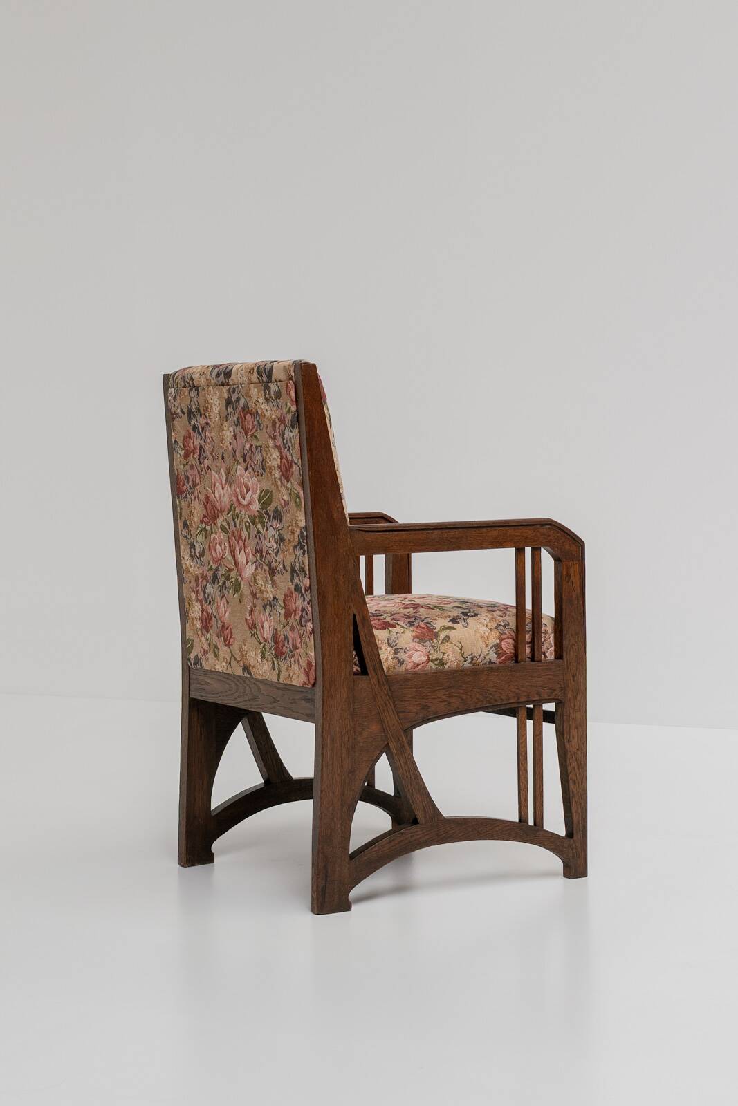 Antique Art Nouveau Armchair in Oak and Floral Upholstery, Belgium ca 1900s