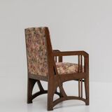 Antique Art Nouveau Armchair in Oak and Floral Upholstery, Belgium ca 1900s