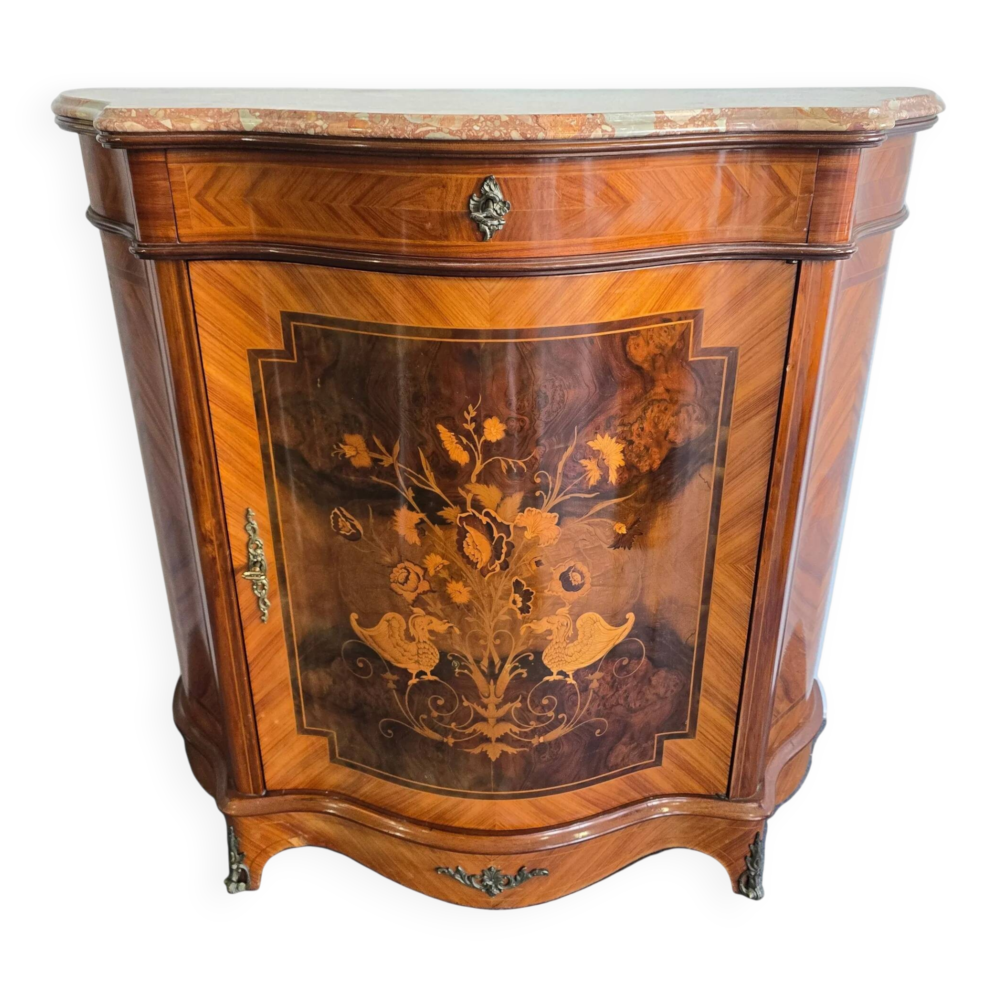 Curved support furniture in floral marquetry – Louis XV style, marble top, late 19th century.