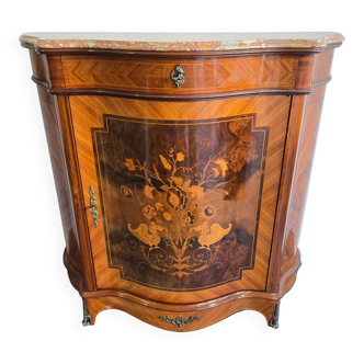 Curved support table in floral marquetry – Louis XV style, marble top, late 19th century