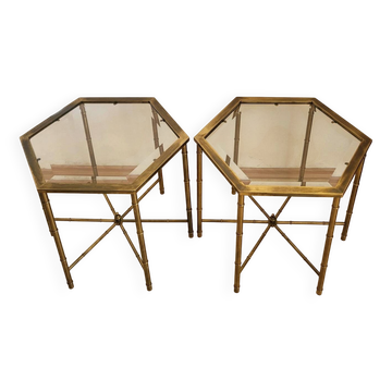 Paire de tables basses en faux bambou dans le goût de Bagues ca.1960.