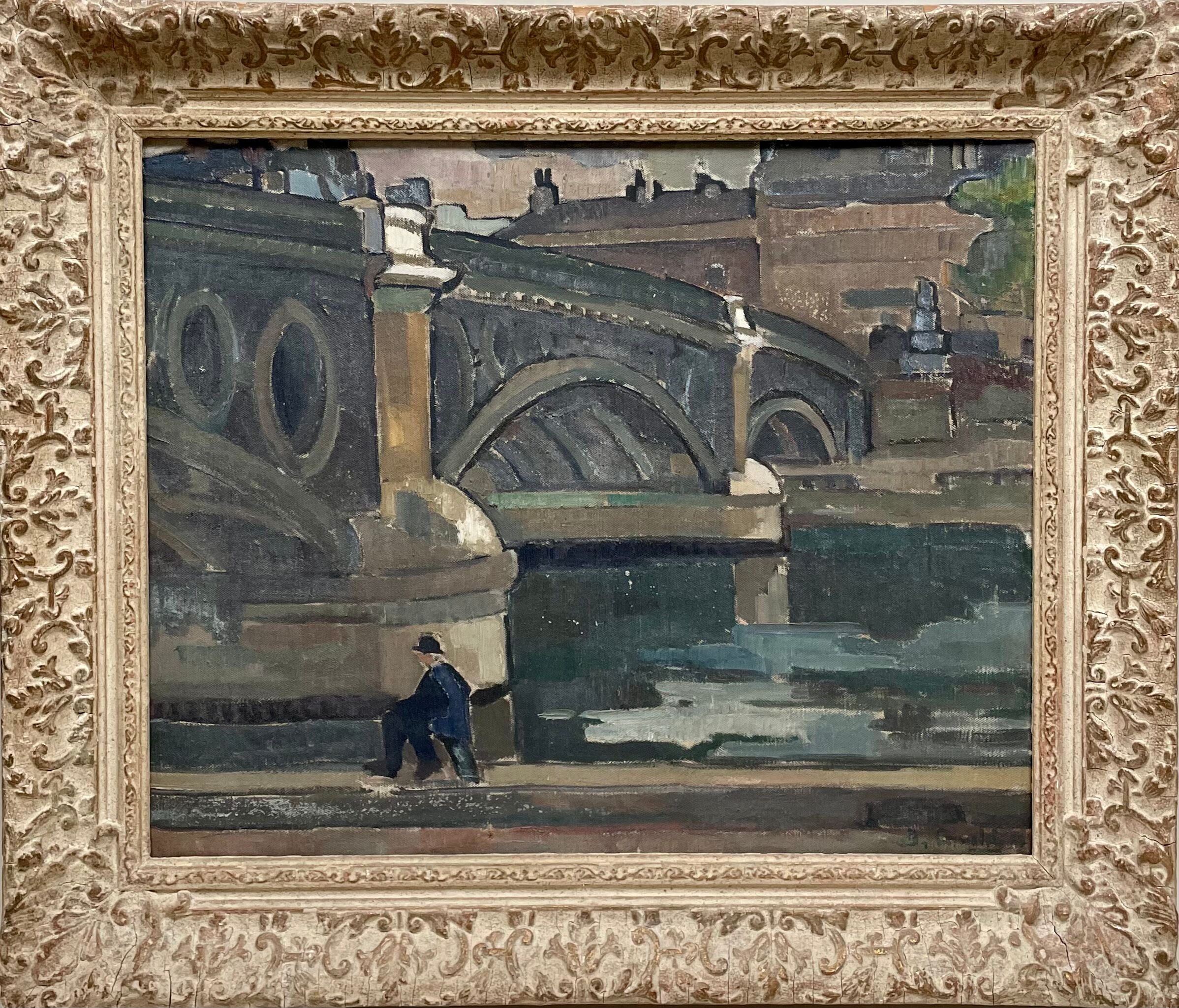 Peinture, un pêcheur en bord de seine