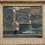 Painting, fisherman on the banks of the seine