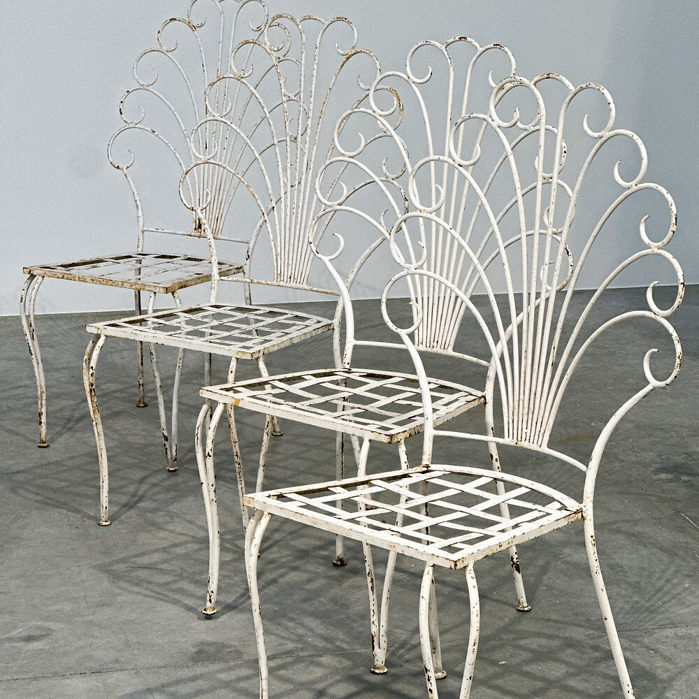 Rare exquisite set of six French peacock garden patio chairs, 1950s