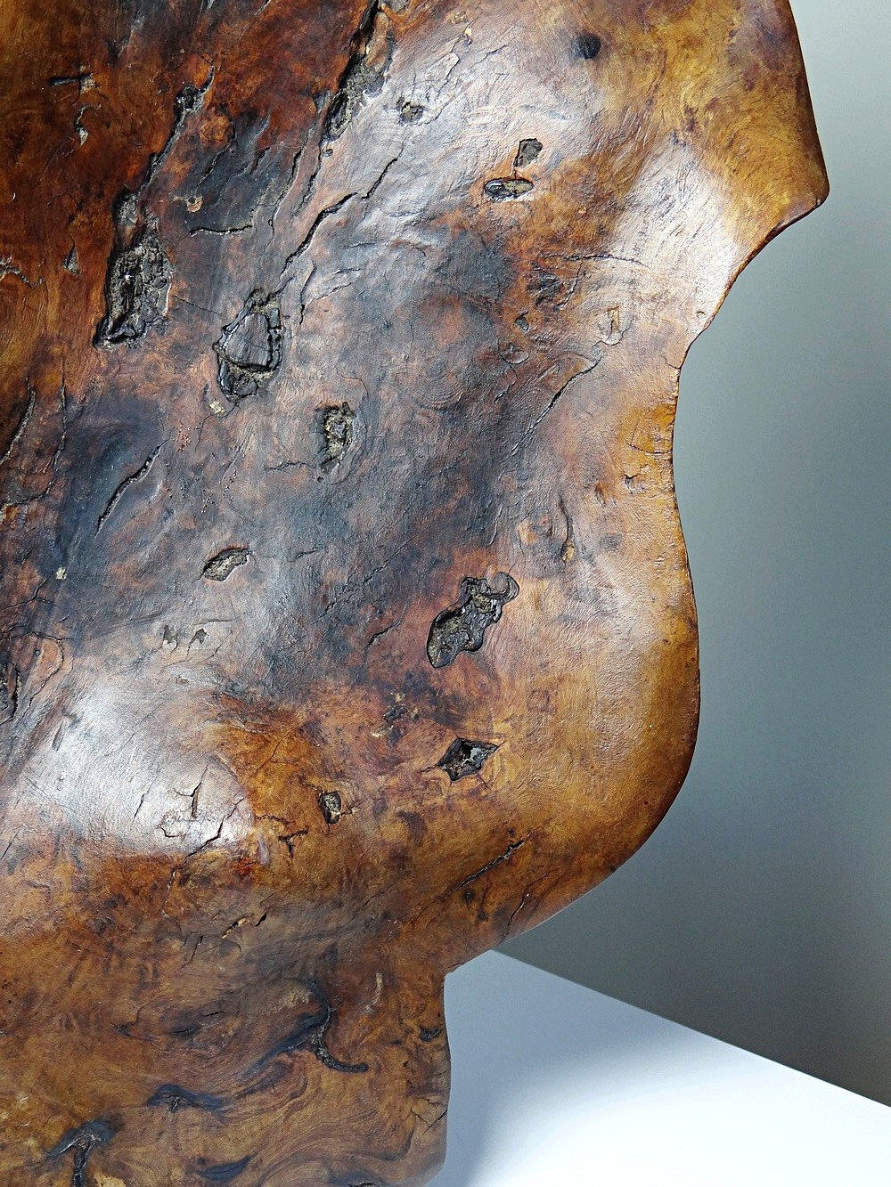 Large monoxyle bowl made of dark raw olive wood from the 1950s.