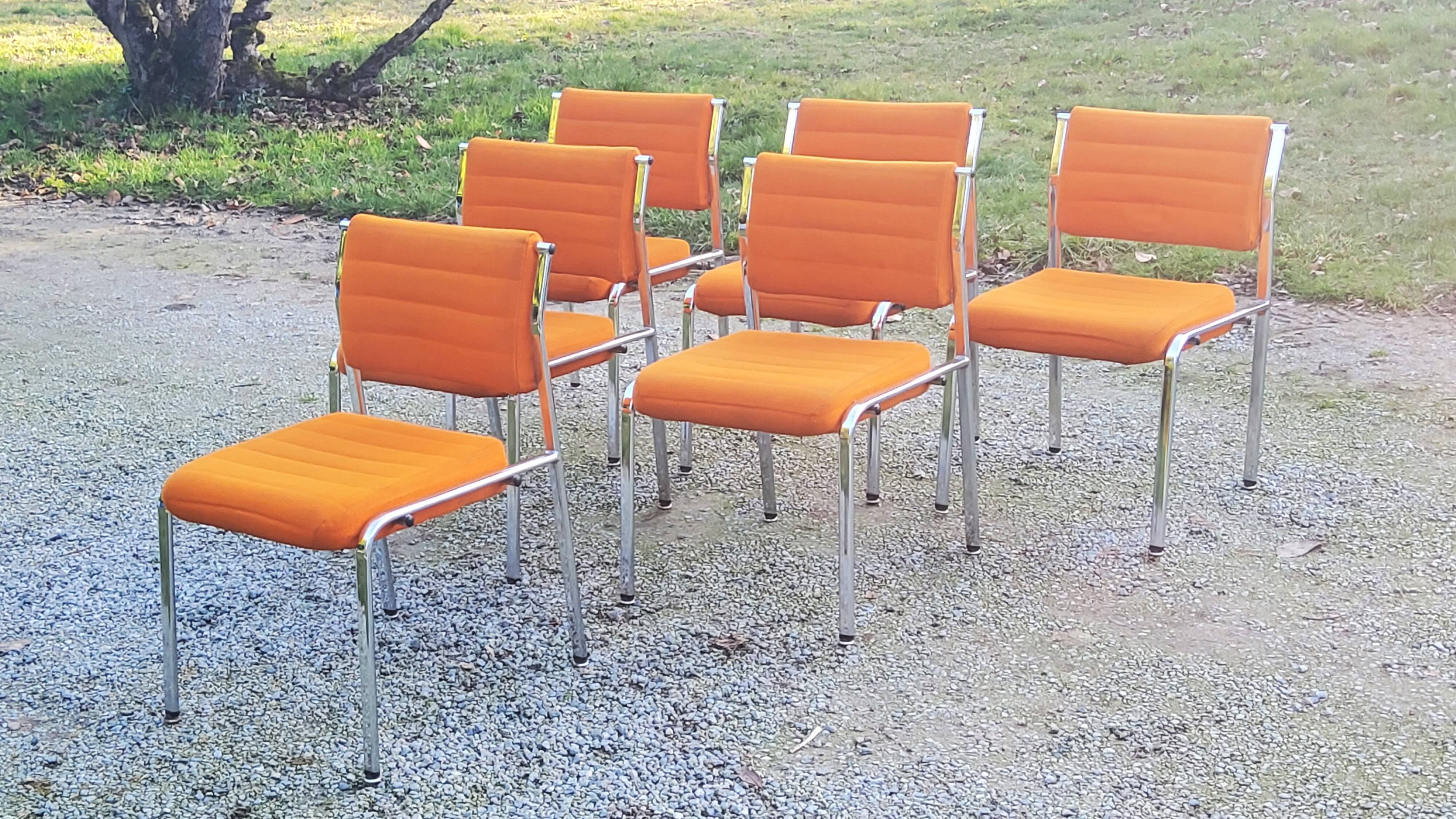 Set of 6 designer chairs from the 70s orange fabrics and chrome tubes