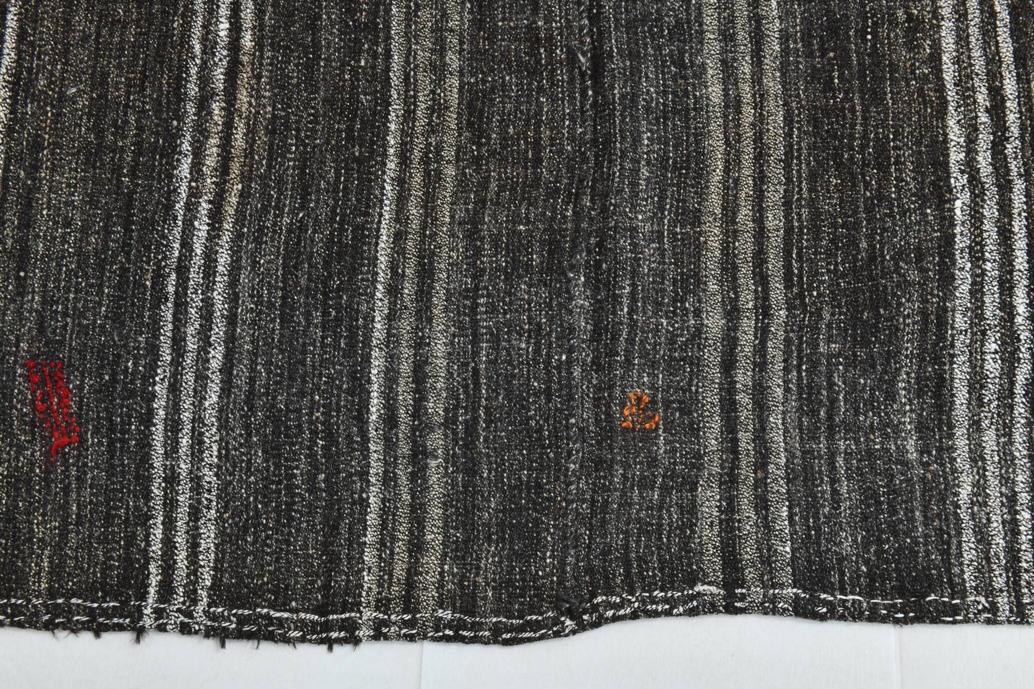 Charcoal Grey Striped Minimal Turkish Kilim Rug, 202x244 Cm