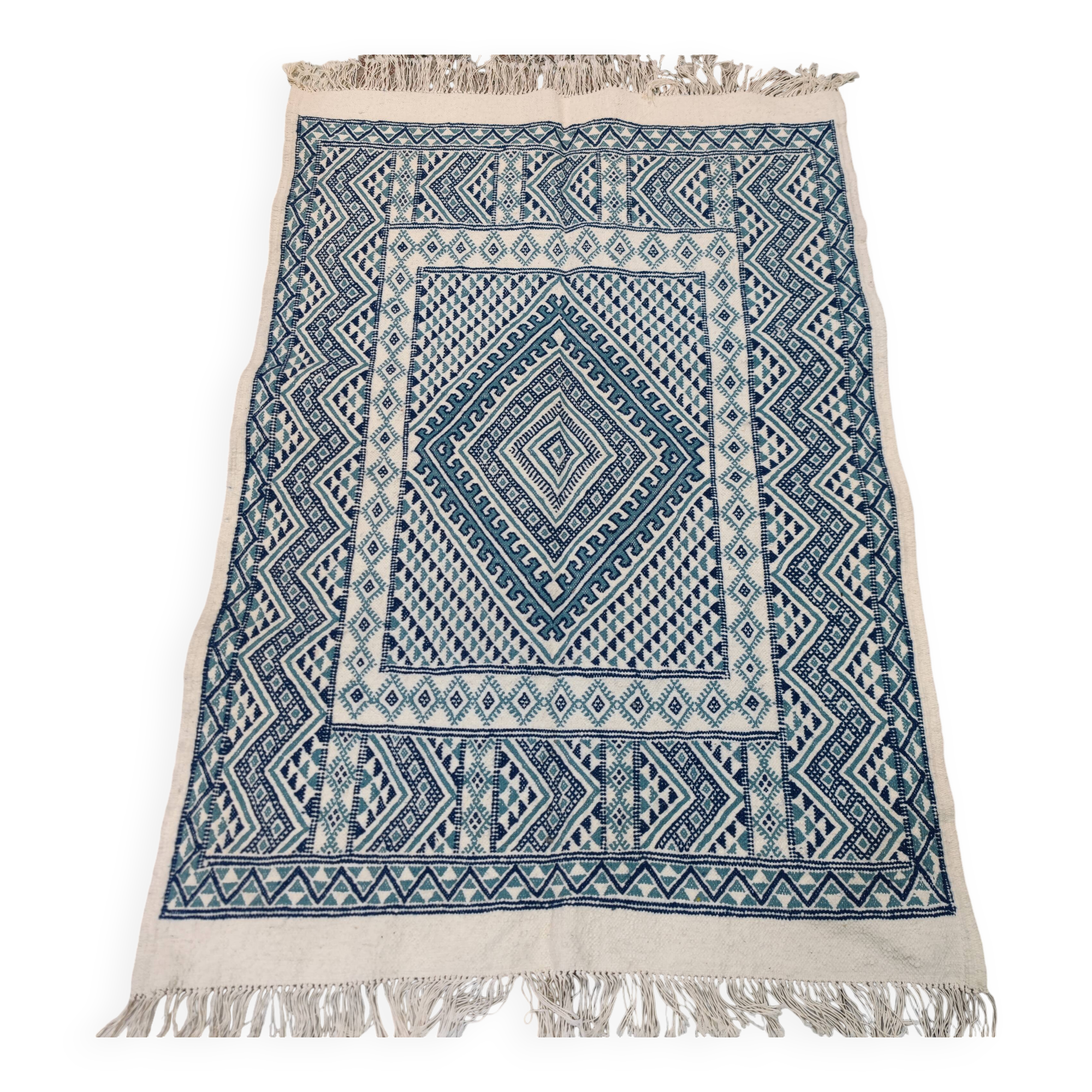 White and blue margoum rug hand-woven in natural wool