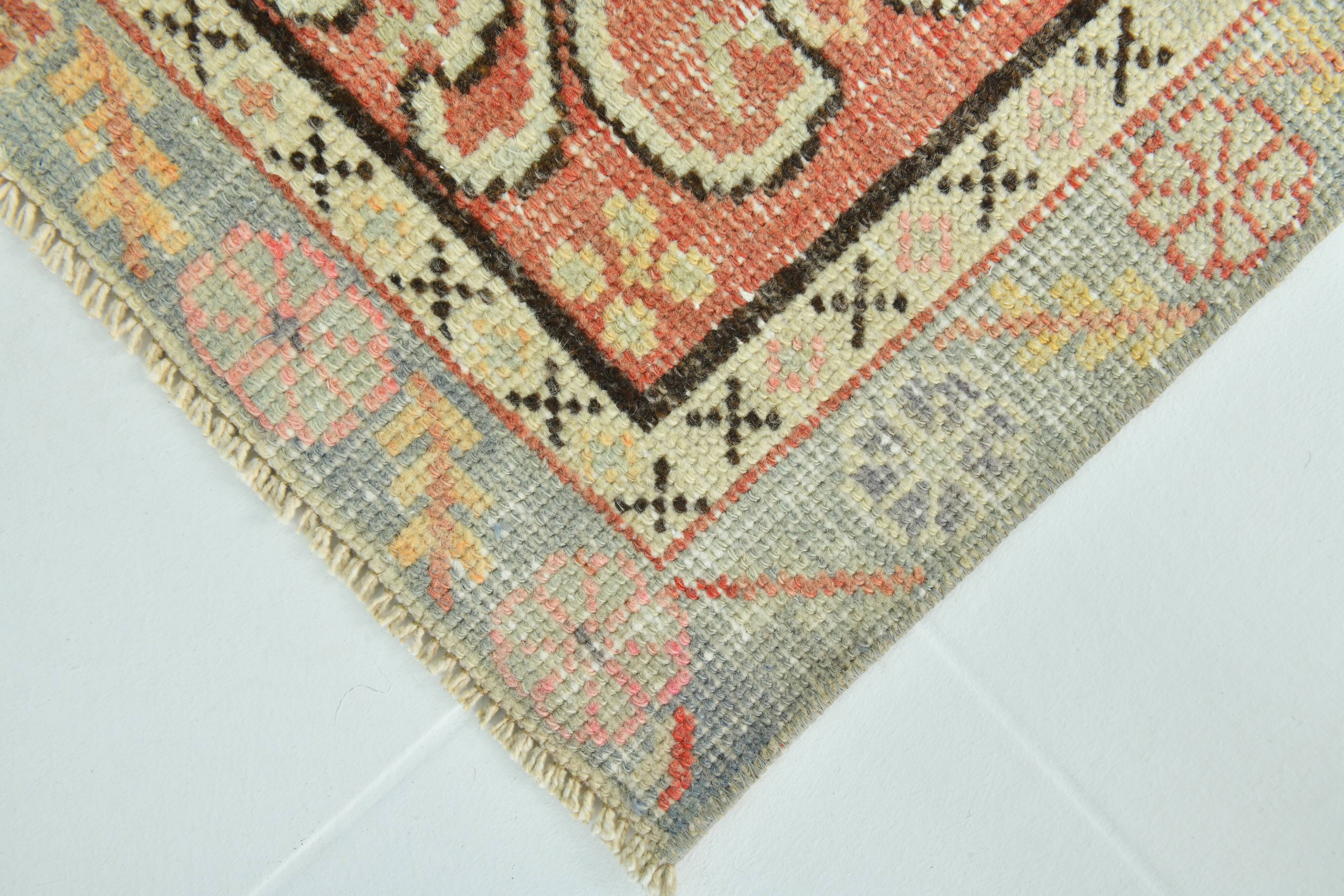 Turkish Red & Cream Oriental Vintage Runner Rug, 85x352Cm