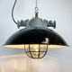 Black enamel and cast iron industrial cage pendant lamp, 1950