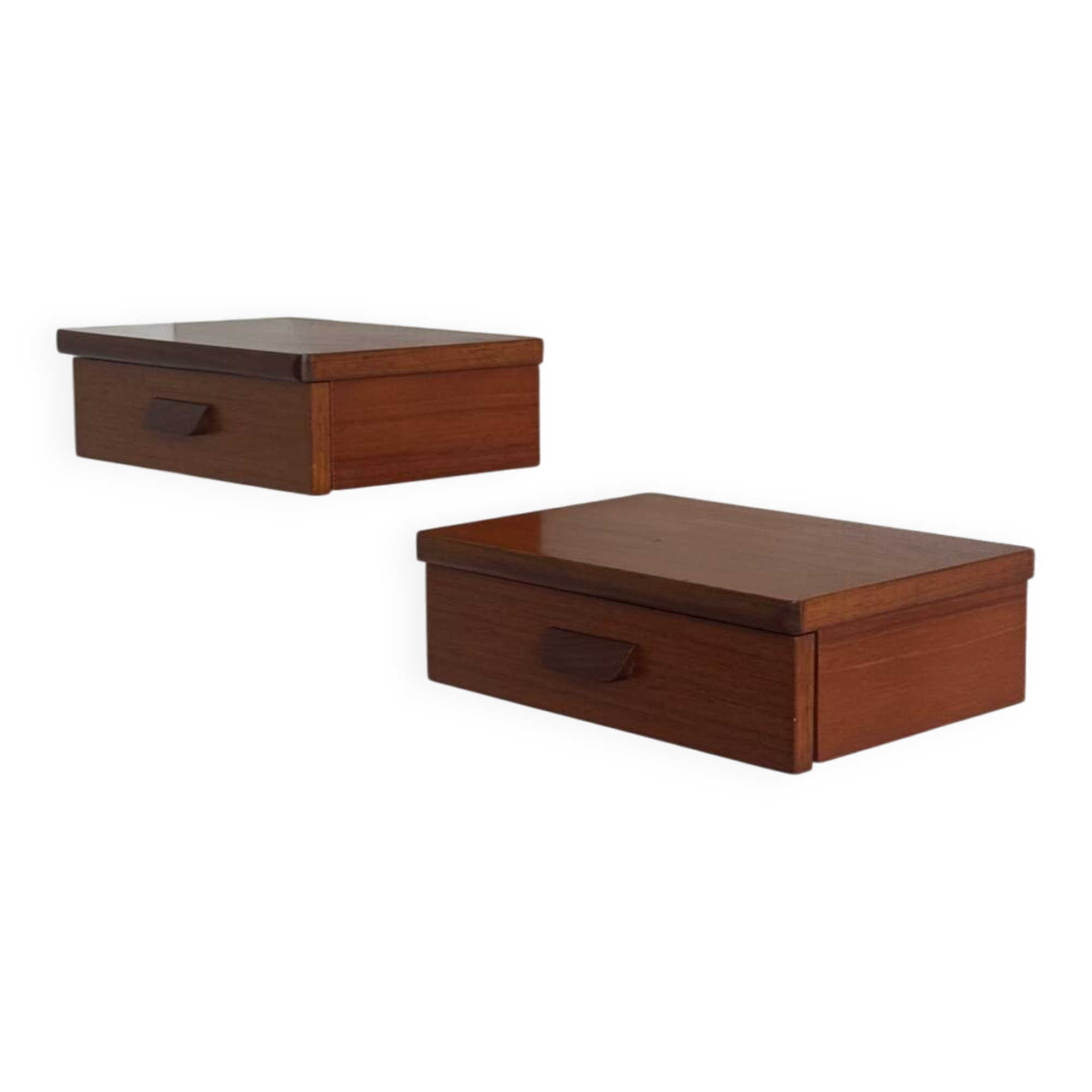 Vintage Scandinavian teak wall-mounted bedside tables.