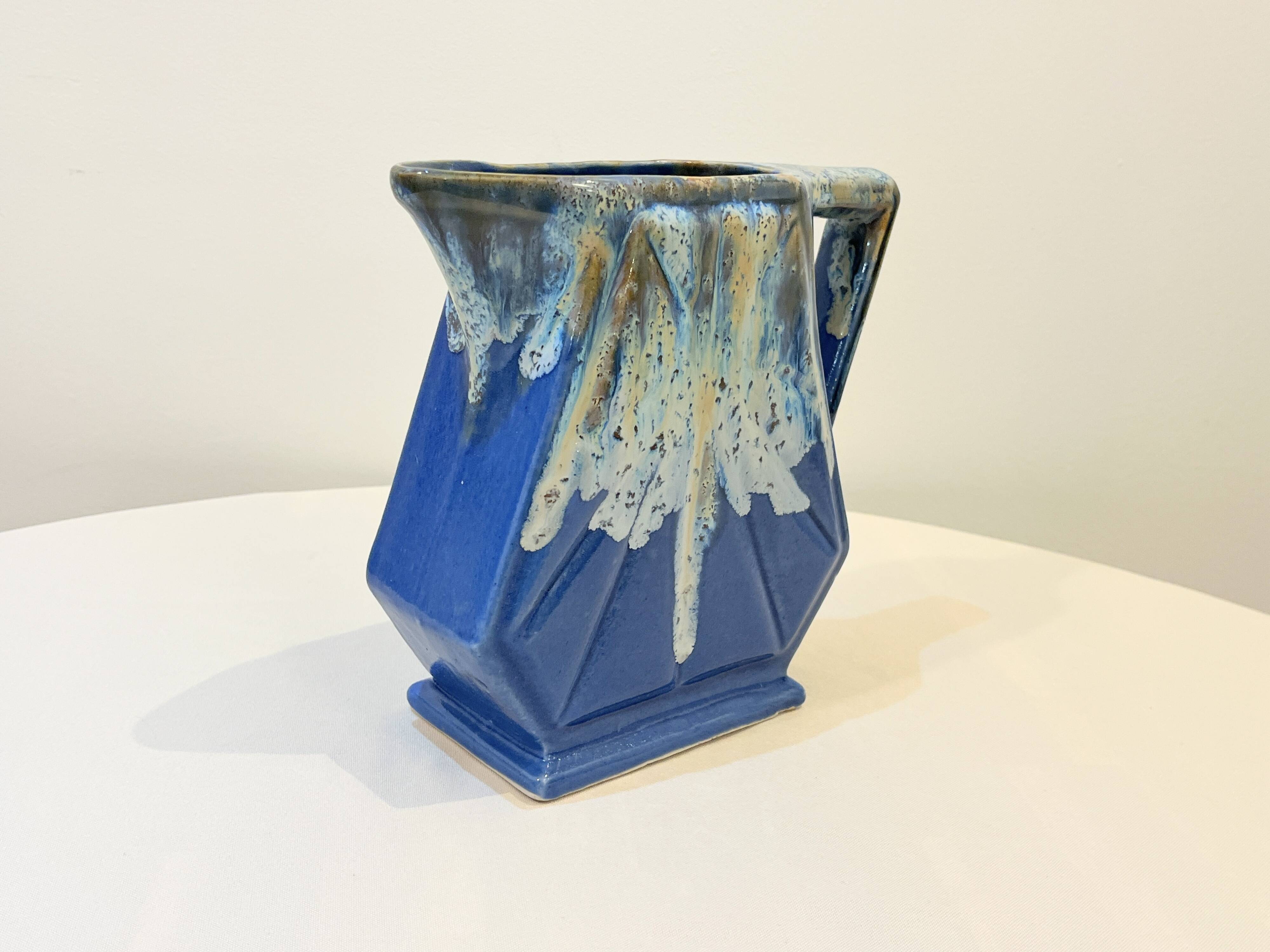 Large vintage art deco pitcher alpho in fat lava blue ceramic vase signed