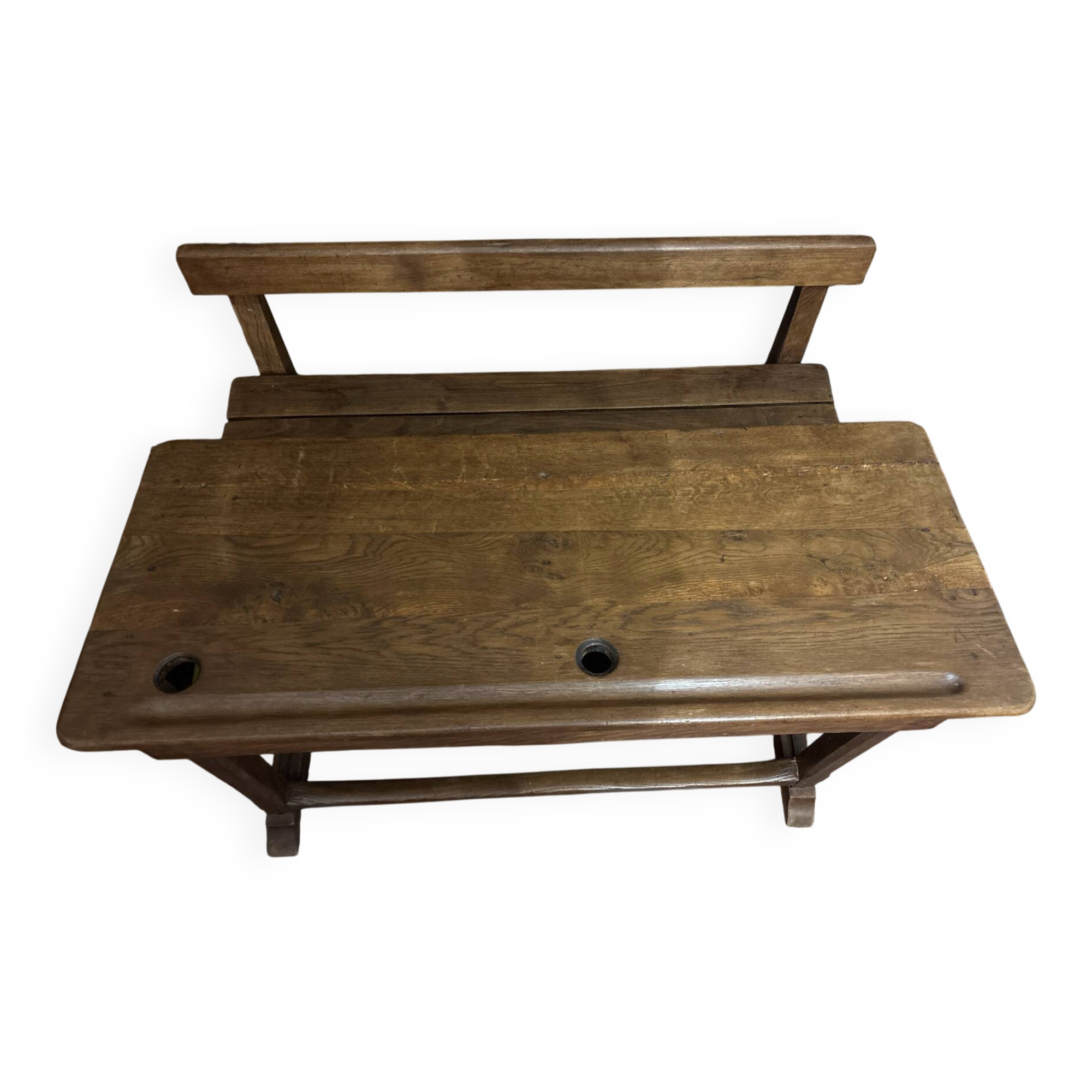 Bureau d’écolier ancien en bois massif avec banc intégré – Vintage