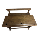 Bureau d’écolier ancien en bois massif avec banc intégré – Vintage