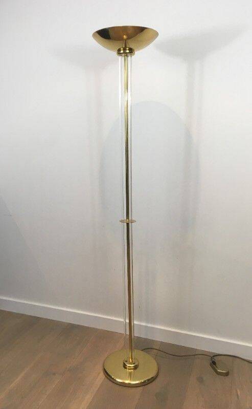 Designer floor lamp in gilded brass and plexiglass