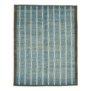 Tapis en laine bleu fait main, unique en son genre, 280 cm x 362 cm.