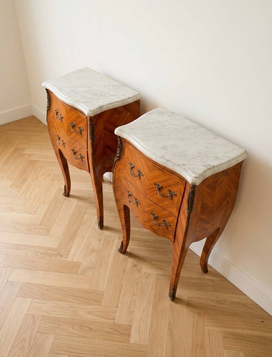 Pair of antique Louis XV bedside tables in marquetry and marble.
