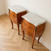 Pair of antique Louis XV bedside tables in marquetry and marble.