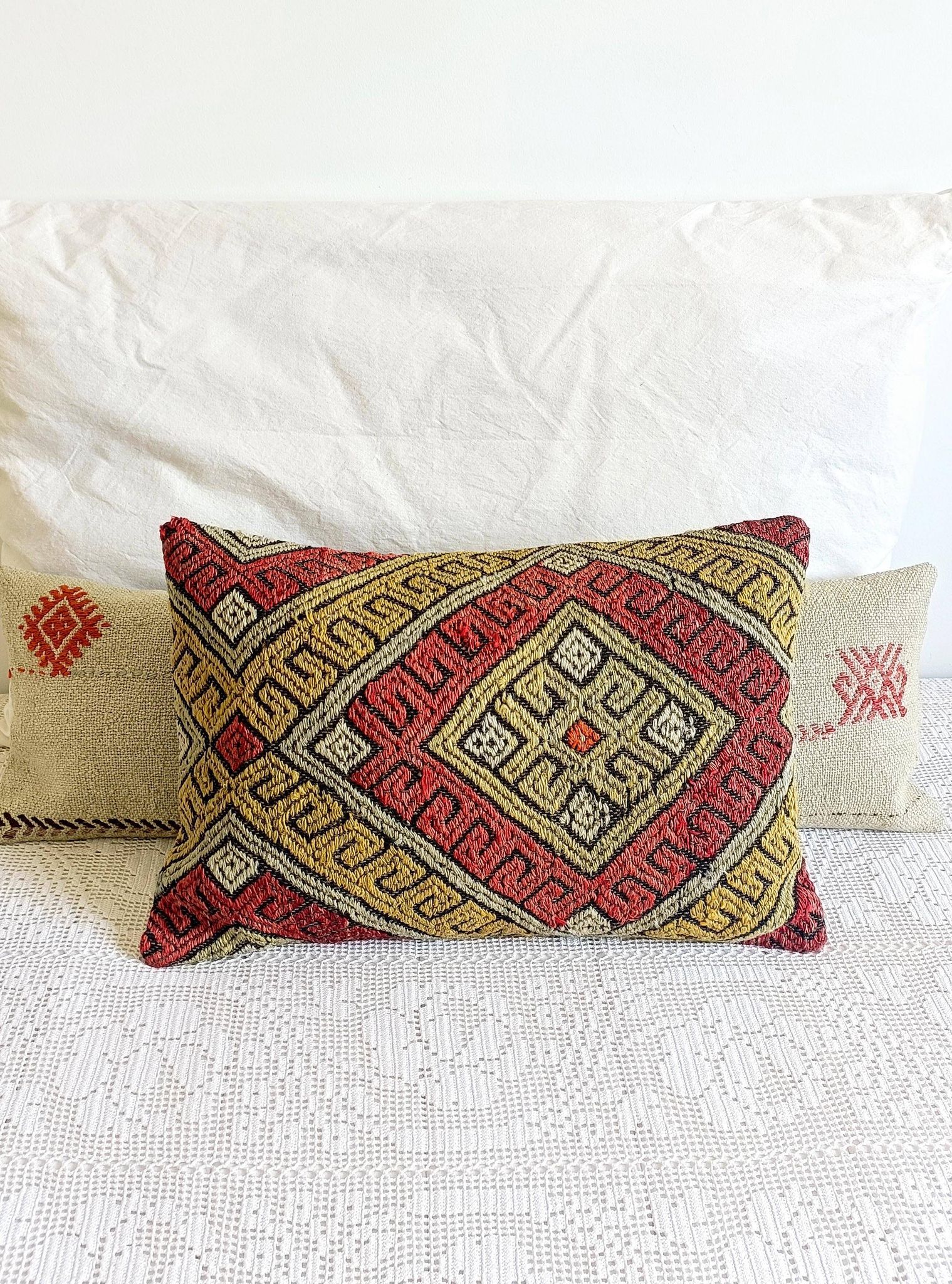 Vintage Handwoven Wool Kilim Pillow, Moorish Style, Mid-20th Century