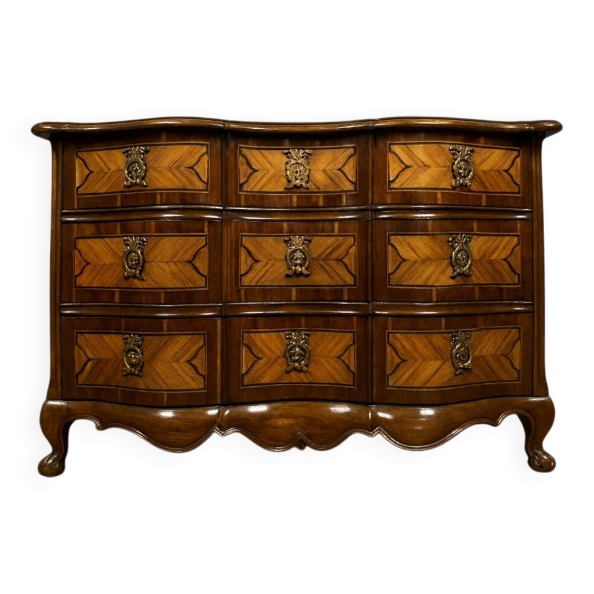 Crossbow commode from the Louis XV period in noble wood marquetry, 18th century.