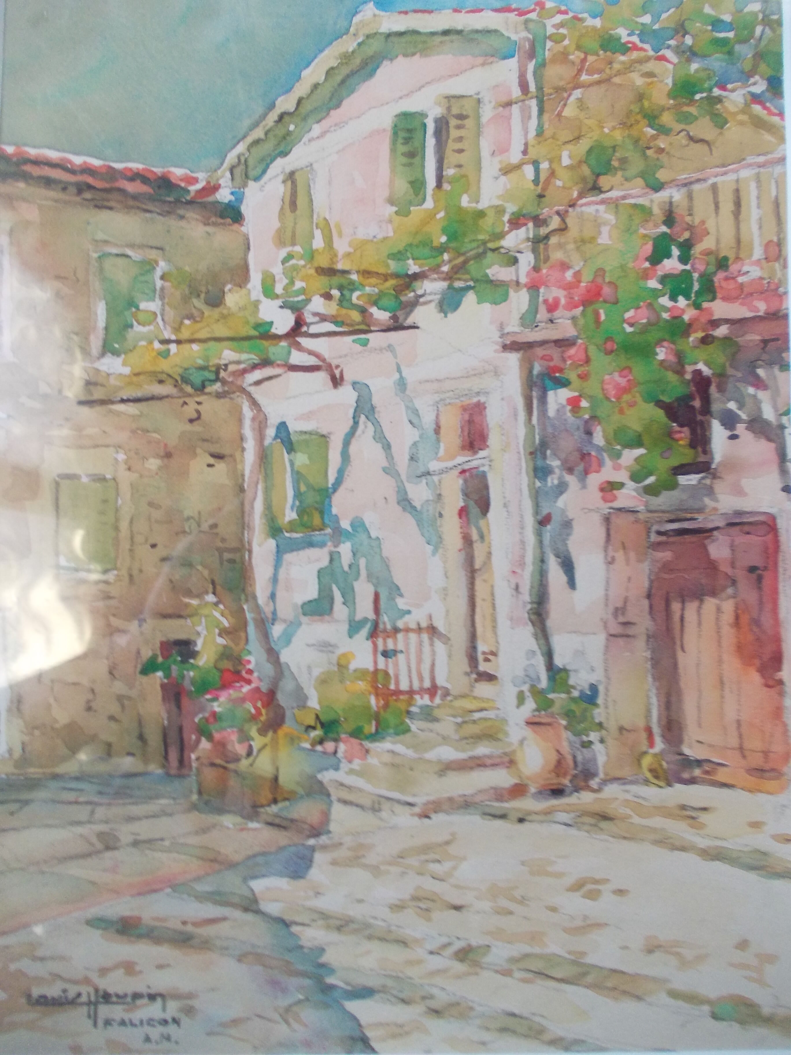 Watercolor by Louis Houpin, rue du four falicon alpes maritimes 06, reframed wood and gold