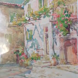 Aquarelle de Louis Houpin : rue du four falicon alpes maritimes 06, réencadrée bois et or