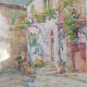 Aquarelle de Louis Houpin : rue du four falicon alpes maritimes 06, réencadrée bois et or