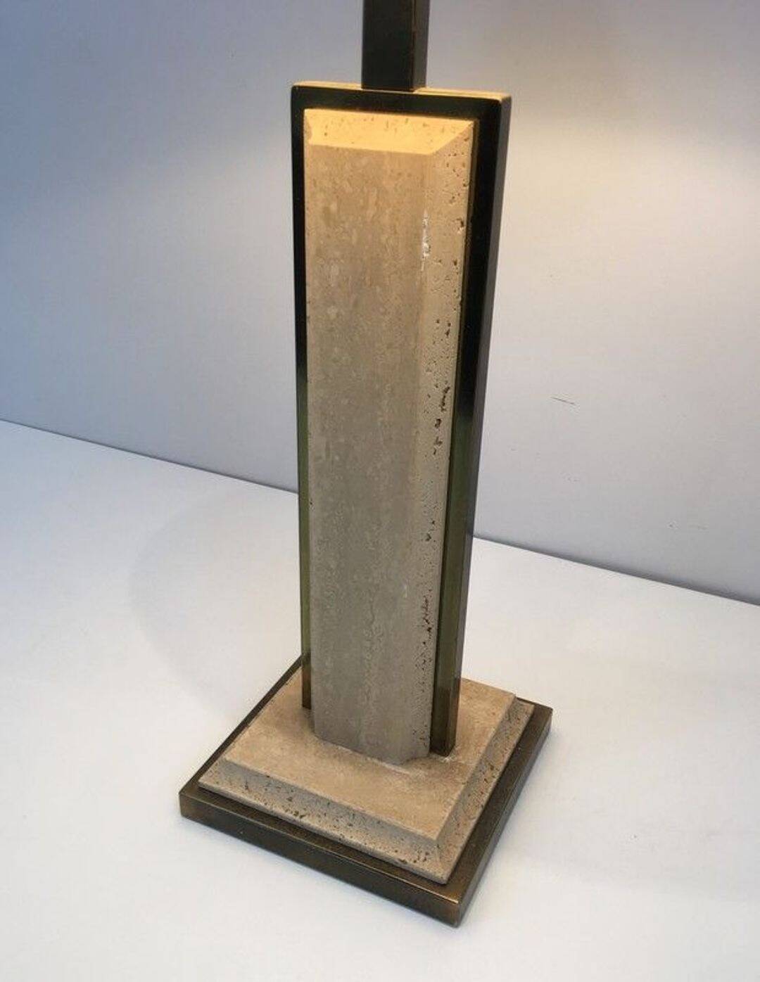 Table Lamp in Travertine and Gold Chrome, French Work, circa 1970