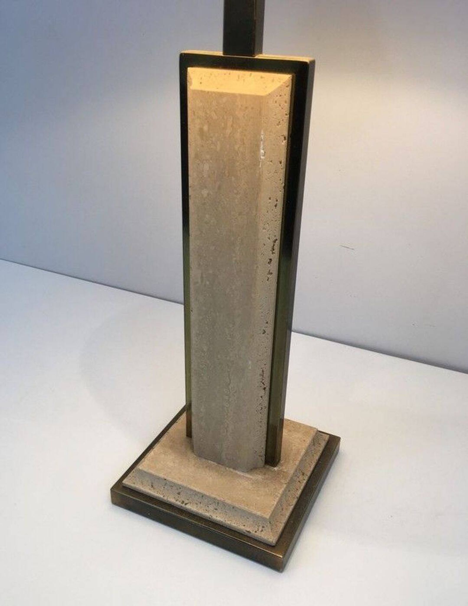 Table Lamp in Travertine and Gold Chrome, French Work, circa 1970