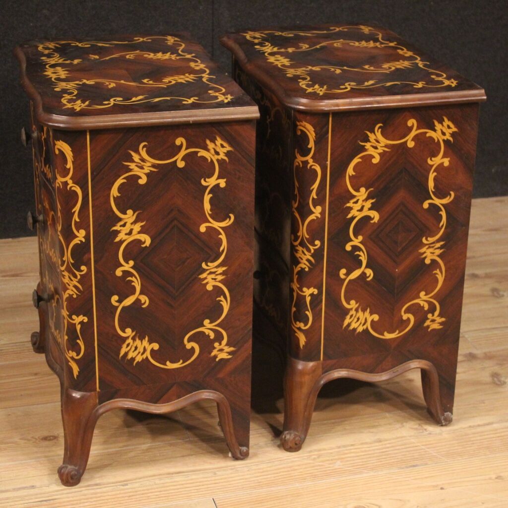 Pair of Italian inlaid bedside tables in walnut, maple and beech
