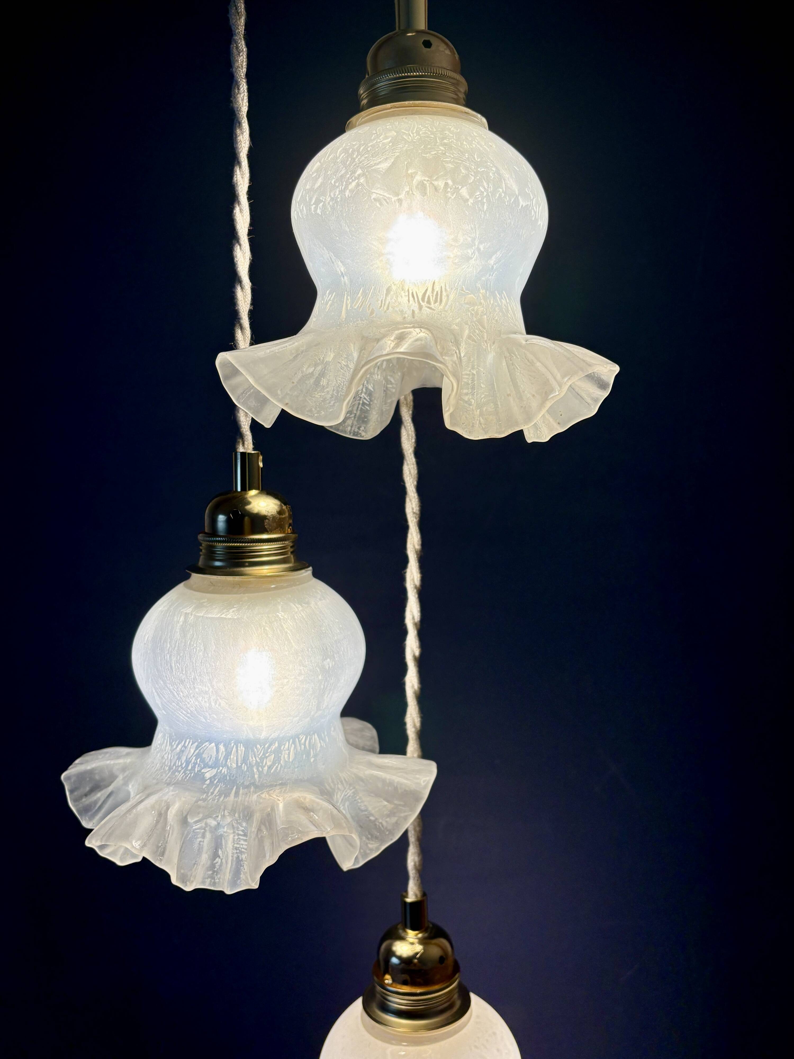 Vintage triple tulip pendant light in white glass