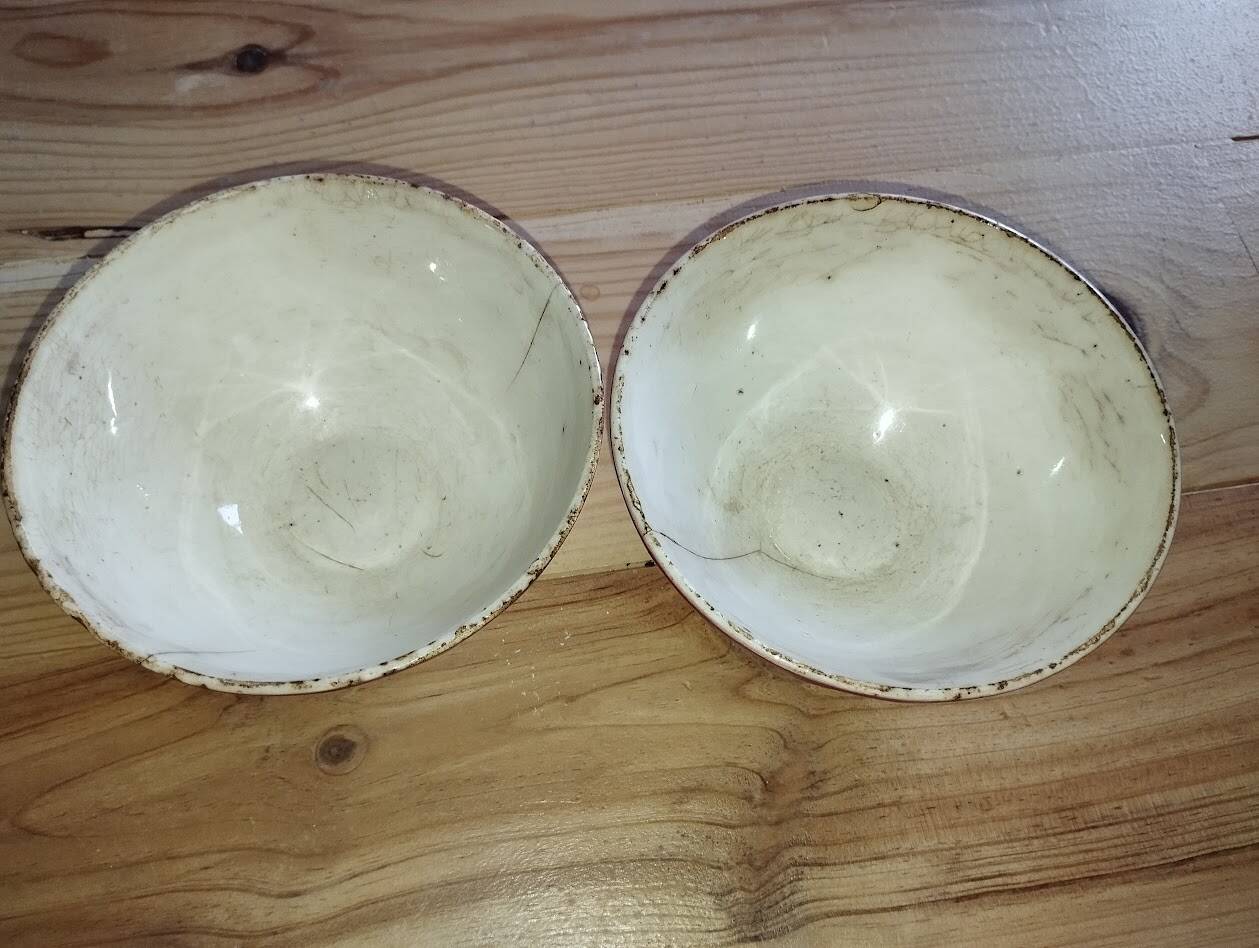 Bowls Faïencerie de Sarreguemines with rose decoration (the two red ones)