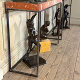 Pair of contemporary consoles in marble and metal.